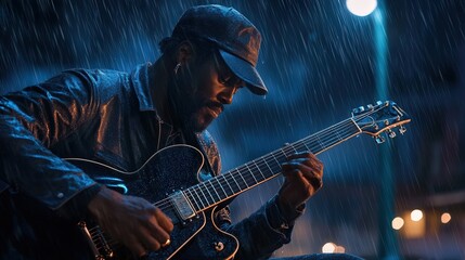 Obraz premium A soulful blues guitarist playing under a streetlight on a rainy night