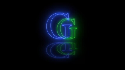 3d G letter neon blue green flicker and flashes in black background