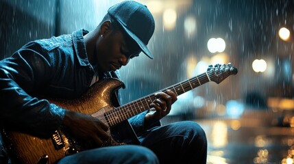 Obraz premium A soulful blues guitarist playing under a streetlight on a rainy night