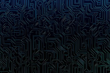 Fototapeta premium Abstract close-up of a glowing blue digital circuit board, showcasing intricate connections and technological design on a black background. 