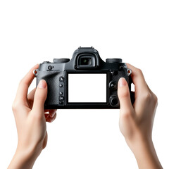 A person holding a camera with a white screen