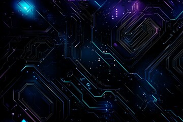 Abstract close-up of a glowing blue digital circuit board, showcasing intricate connections and technological design on a black background.
