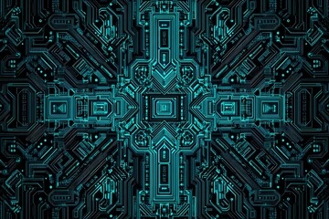 Abstract close-up of a glowing blue digital circuit board, showcasing intricate connections and technological design on a black background.
