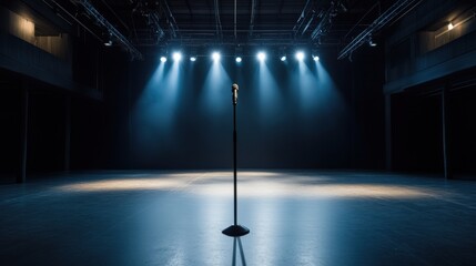 A dramatic photograph of a lone mic stand on an empty stage awaiting the performer