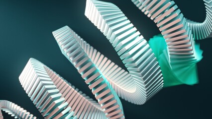 Precision-engineered metallic plates arranged in spiral formation against dark background with turquoise glow effects. Perfect for quantum computing, technology innovation, and digital transformation