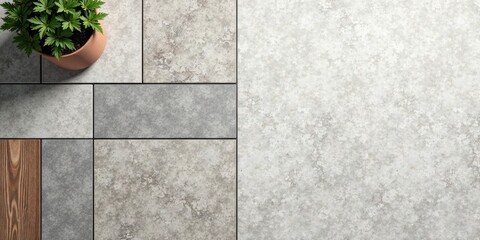 Overhead view of gray and white tile floor with potted plant and wood accent