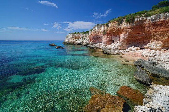 Beautiful coastal landscape with clear blue waters and rocky cliffs under a sunny sky