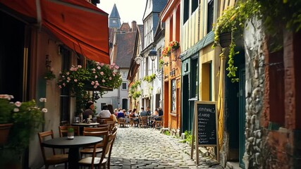 Charming cobblestone street filled with outdoor dining and vibrant flowers in a quaint historical town
