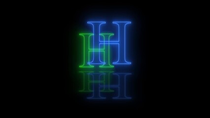 3d H letter neon blue green flicker and flashes in black background
