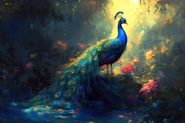 Fototapeta premium A glowing peacock standing in a mystical forest, its vibrant feathers illuminated by soft light, surrounded by lush greenery and blooming flowers in an enchanting setting.
