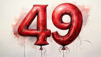 Fototapeta premium Red birthday / anniversary balloon, number 49, watercolor painting with white background