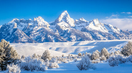 Fototapeta premium a snowy mountain landscape with trees and snow covered surface, Winter season morning snow covered mountains under a clear sky, Beautiful snow covered view of mountains from valley in winter season.
