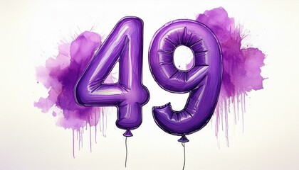 Purple birthday / anniversary balloon, number 49, watercolor painting with white background