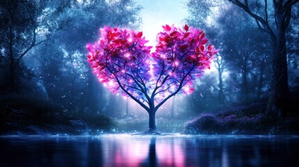Fototapeta premium A glowing heart-shaped tree reflects in a serene, mystical landscape.