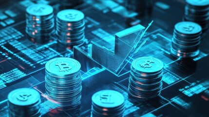 Upward Arrow Overlapping Coin Stacks with Digital Elements