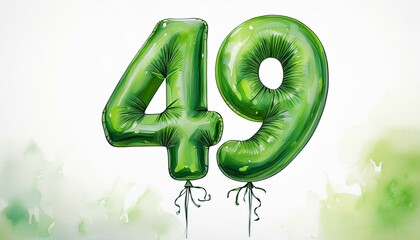 Green birthday / anniversary balloon, number 49, watercolor painting with white background