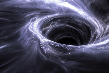 Illustration depiction theoretical scientific principles like quantum mechanics and black holes. Swirling pale gray vortex.