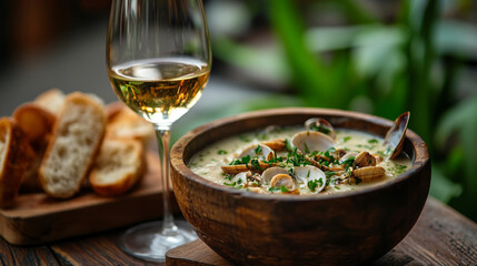 Delicious seafood chowder served with crusty bread and a glass of white wine