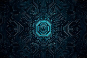 Abstract close-up of a glowing blue digital circuit board, showcasing intricate connections and technological design on a black background.
