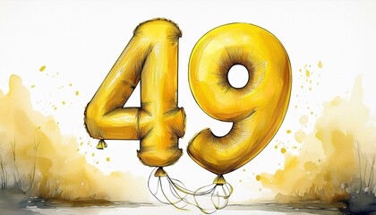Yellow birthday / anniversary balloon, number 49, watercolor painting with white background