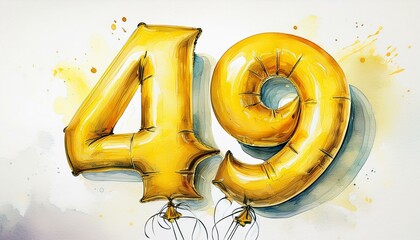 Yellow birthday / anniversary balloon, number 49, watercolor painting with white background