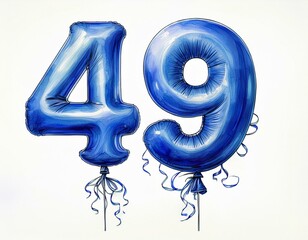 Blue birthday / anniversary balloon, number 49, watercolor painting with white background