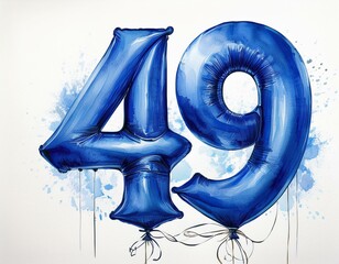 Blue birthday / anniversary balloon, number 49, watercolor painting with white background