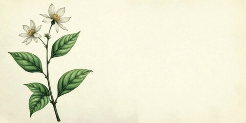 Elegant Botanical Illustration of Delicate White Flowers and Lush Green Leaves on a Cream Background