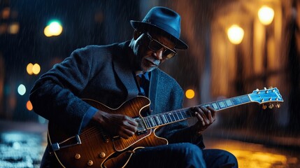 Naklejka premium A soulful blues guitarist playing under a streetlight on a rainy night