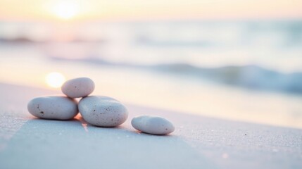 Serene coastal sunset scene featuring a delicate arrangement of smooth, pale stones on a pristine beach