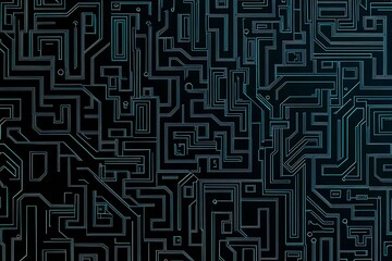 Abstract close-up of a glowing blue digital circuit board, showcasing intricate connections and technological design on a black background.
