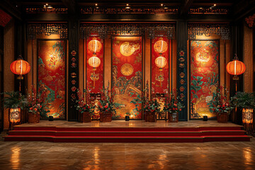 Ornate Chinese stage with backdrop, lanterns, flowers, for performance