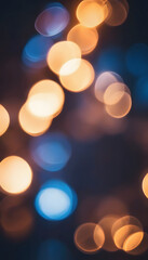 A beautiful abstract background featuring soft, blurred golden bokeh lights against a dark blue backdrop, creating a dreamy and festive atmosphere.