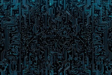 Abstract close-up of a glowing blue digital circuit board, showcasing intricate connections and technological design on a black background.
