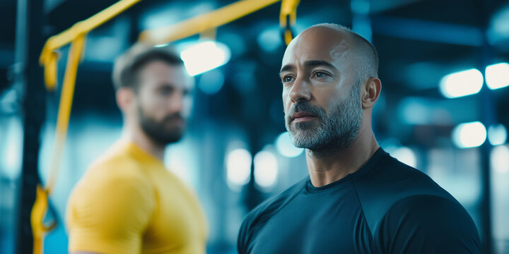 focused personal trainer observes client during TRX suspension training session in modern gym, emphasizing strength and fitness