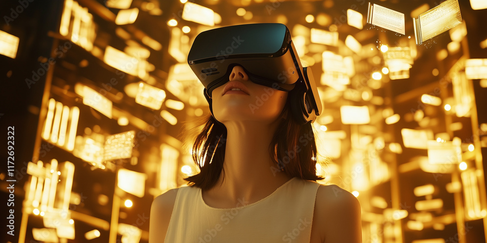 Aufkleber woman wearing VR headset explores glowing digital library filled with floating illuminated data panels, creating futuristic and immersive atmosphere