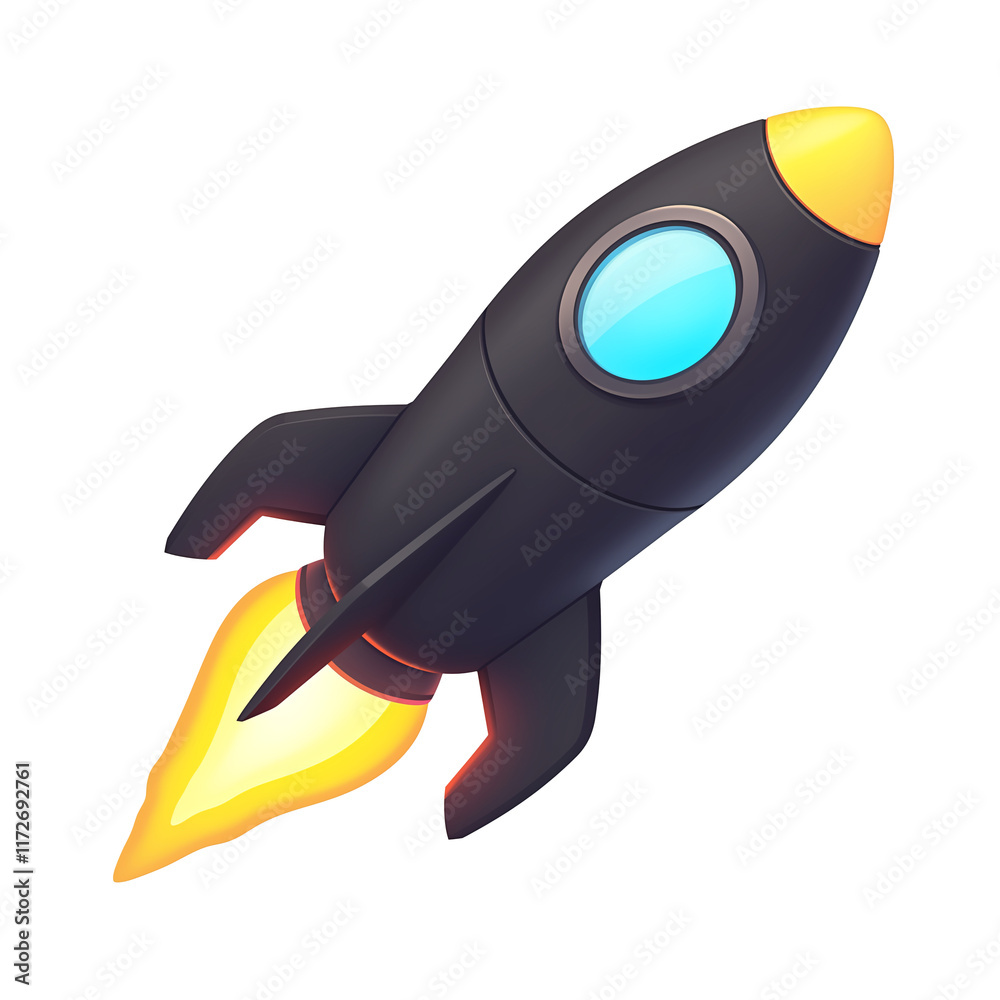 Aufkleber sleek black rocket with glowing thrusters and blue window, isolated on transparency background, show