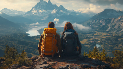Mountain hikers sitting on cliff edge overlooking lake, adventure wanderlust concept