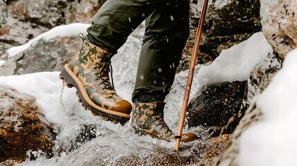 Obraz premium Camouflage Boots Crossing A Winter Stream