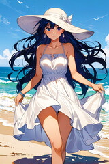 Elegant Woman in White Dress Enjoying a Sunny Day at the Beach