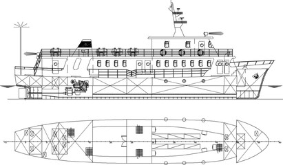 vector sketch illustration of the silhouette of a passenger ship arrangement design with a rescue boat.eps
