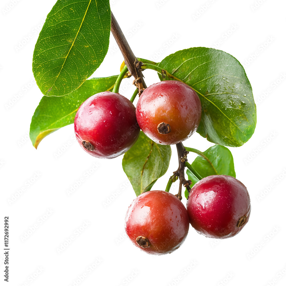Poster fresh camu camu berries with green leaves on branch, isolated on transparency background, showcasing