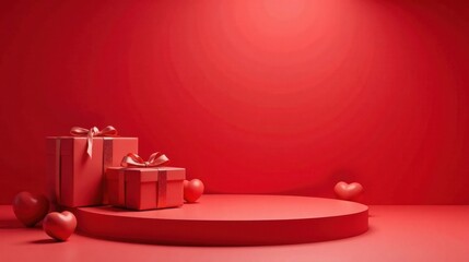 Red Gift Boxes and Hearts on a Circular Pedestal