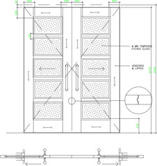 vector sketch illustration of the silhouette of a teak wood door design with classic vintage ethnic traditional carving details with a size scale.eps