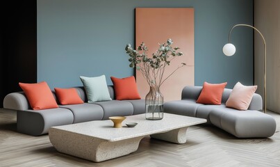 Generative AI, A minimalist living room with a curved sofa in muted blue-green and coral pillows