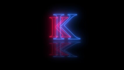 3d K letter neon blue red flicker and flashes in black background