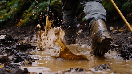 Obraz premium Mud Splashes From Hiking Boots In A Forest Trail