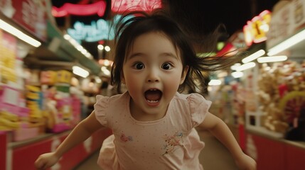Excited toddler girl running towards camera at night market.