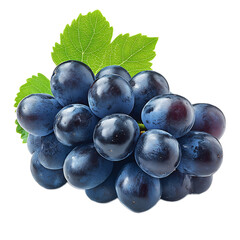 Luscious Purple Grapes Cluster with Fresh Green Leaves on White Background