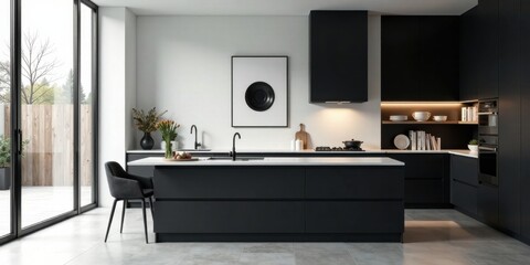 Modern minimalist kitchen island design with black cabinetry and a sleek countertop
